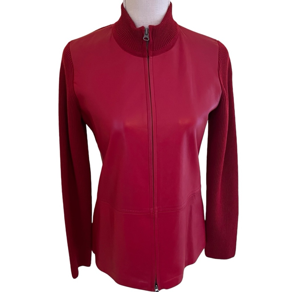 White + Warren Red Merino Wool and Lambskin Zip Front Cardigan S